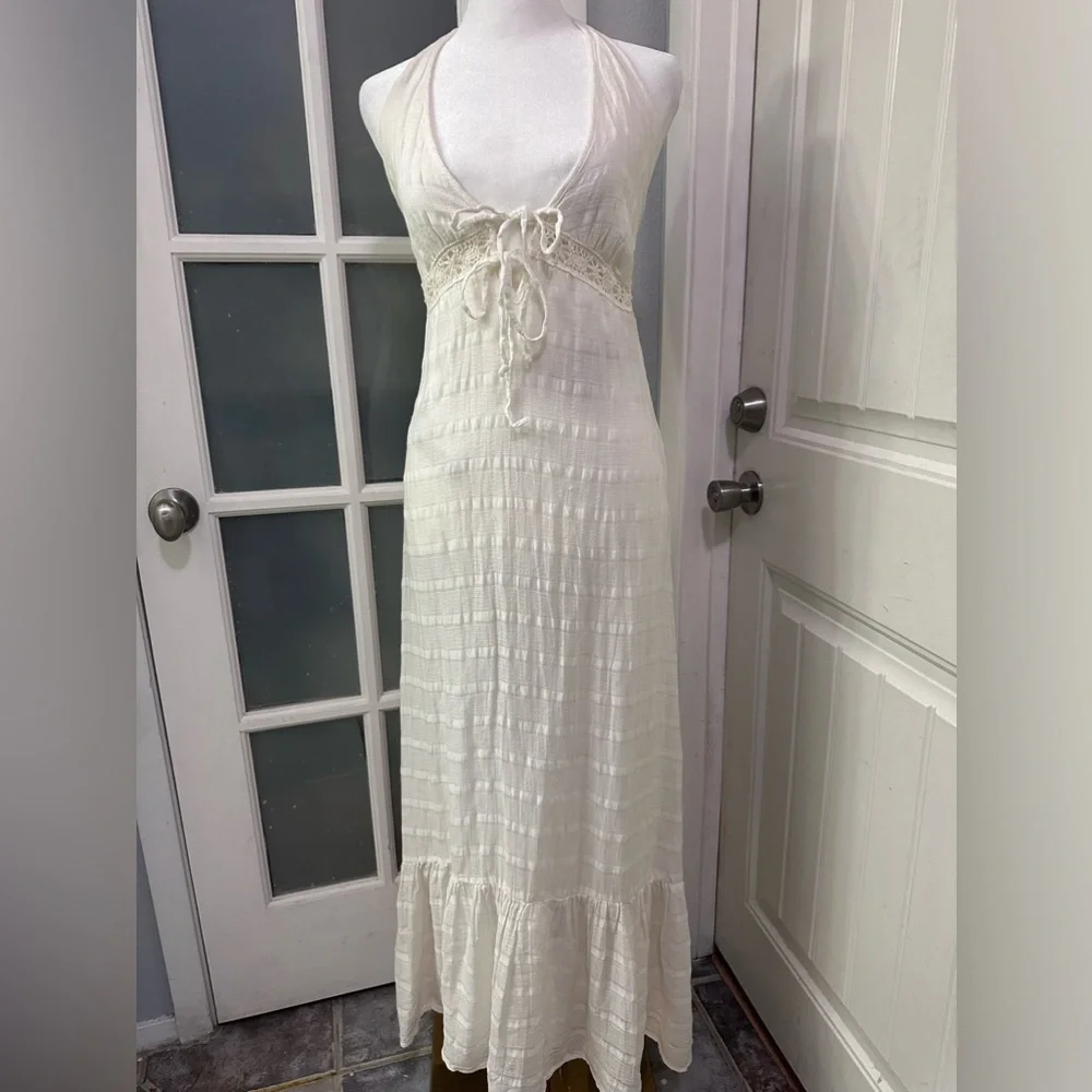 Ella Moss Long White Linen Maxi Halter Summer Dress Lace Detail Size 4 - Picture 2 of 11